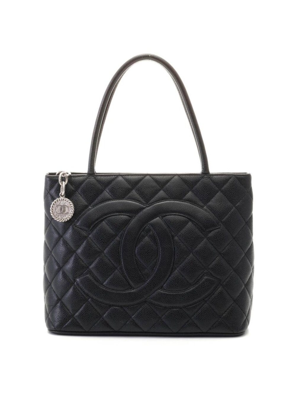 Chanel Quilted Reissue Tote Bag Black Silver Caviar Leather